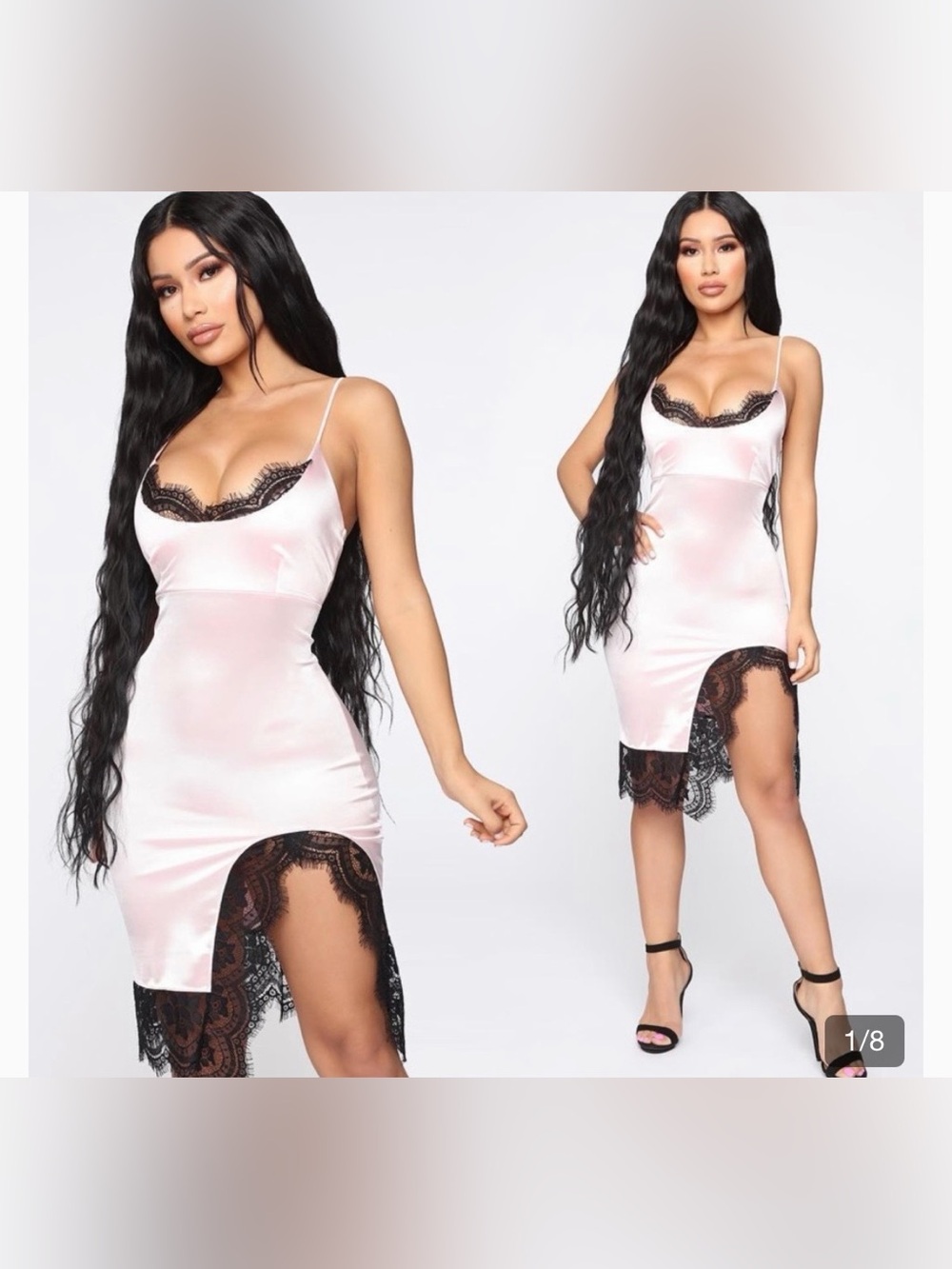 Satin Lace Trim Slip Dress - Pink